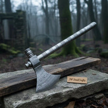 Load image into Gallery viewer, Damascus Steel Smoking Pipe Axe – Hand Forged Functional Pipe Tomahawk with Carved Hardwood Handle | JW SteelCrafts