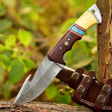 Load image into Gallery viewer, 10-Inch Damascus Gut Hook Hunting Knife — Bone, Turquoise Resin &amp; Rosewood Handle