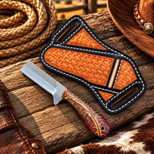 Load image into Gallery viewer, Handmade Horse Rasp Stainless Steel Cowboy Skinner Knife with Blue and Tan Resin Pinecone Handle &amp; Floral Leather Sheath – SH-DS/074