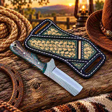 Load image into Gallery viewer, Handmade Horse Rasp Stainless Steel Cowboy Bull Cutter Knife with Orange Patterned Stone Handle &amp; Decorative Leather Sheath – SH-DS/077