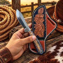 Load image into Gallery viewer, Handmade Horse Rasp Stainless Steel Cowboy Skinner Knife with Dark Textured Stone Handle &amp; Decorative Cross-Draw Leather Sheath – SH-059