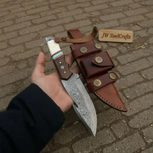 Load image into Gallery viewer, 10-Inch Damascus Gut Hook Hunting Knife — Bone, Turquoise Resin &amp; Rosewood Handle