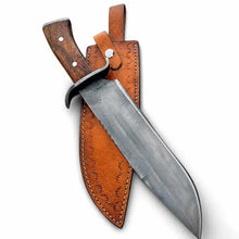 Load image into Gallery viewer, Hand Forged Bowie Hunting Knife with Wooden Handle &amp; Leather Sheath