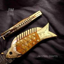 Load image into Gallery viewer, Damascus Fish Folding Knife with Bone Handle, Brass Bolster and Leather Sheath