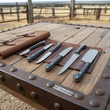 Load image into Gallery viewer, 6-Piece Damascus Kitchen Knife Set with Leather Roll — Black Resin Handles, Steel Bolsters, 7 to 10 Inch Blades | JW Steel Crafts