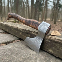 Load image into Gallery viewer, Hand Forged Carbon Steel Viking Axe with Carved Ash Wood Handle and Leather Grip