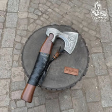 Load image into Gallery viewer, Viking Axe with Leather Wrapped Handle &amp; Engraved Head – JW SteelCrafts