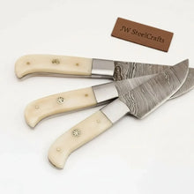 Load image into Gallery viewer, Handmade Damascus 3-Piece Kitchen Knife Set with Bone Handles, Slicing Carving and Chef Knives