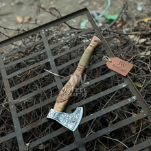 Load image into Gallery viewer, Norse Viking Axe Set with Engraved Steel Heads and Carved Hardwood Handles