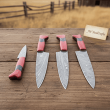 Load image into Gallery viewer, JW SteelCrafts 4 Piece Damascus Kitchen Knife Set, Carving Chef Utility Knife Set, Handmade Damascus Steel with Red Wood Handle