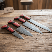 Load image into Gallery viewer, JW SteelCrafts 4 Piece Damascus Kitchen Knife Set, Carving Chef Utility Knife Set, Handmade Damascus Steel with Red Wood Handle