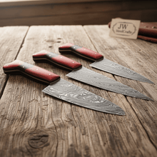 Load image into Gallery viewer, JW SteelCrafts 4 Piece Damascus Kitchen Knife Set, Carving Chef Utility Knife Set, Handmade Damascus Steel with Red Wood Handle
