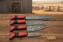 Load image into Gallery viewer, JW SteelCrafts 4 Piece Damascus Kitchen Knife Set, Carving Chef Utility Knife Set, Handmade Damascus Steel with Red Wood Handle