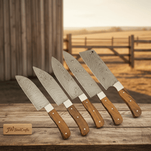 Load image into Gallery viewer, JW SteelCrafts 5 Piece Damascus Kitchen Knife Set Chef Santoku Cleaver Utility and Paring Knives Walnut Wood Handle Professional Cooking Knife Set