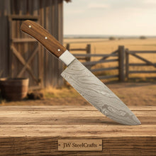 Load image into Gallery viewer, JW SteelCrafts 5 Piece Damascus Kitchen Knife Set Chef Santoku Cleaver Utility and Paring Knives Walnut Wood Handle Professional Cooking Knife Set