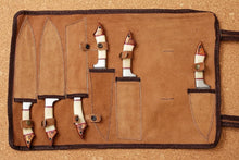 Load image into Gallery viewer, JW SteelCrafts 5 Piece Damascus Kitchen Knife Set with Bone and Wood Handles, Chef Nakiri Bread Carving and Slicing Knives, Handmade Damascus Steel with Leather Roll Kit