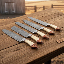 Load image into Gallery viewer, JW SteelCrafts 5 Piece Damascus Kitchen Knife Set with Bone and Wood Handles, Chef Nakiri Bread Carving and Slicing Knives, Handmade Damascus Steel with Leather Roll Kit