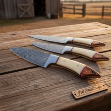 Load image into Gallery viewer, JW SteelCrafts 5 Piece Damascus Kitchen Knife Set with Bone and Wood Handles, Chef Nakiri Bread Carving and Slicing Knives, Handmade Damascus Steel with Leather Roll Kit