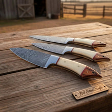 Load image into Gallery viewer, JW SteelCrafts 5 Piece Damascus Kitchen Knife Set with Bone and Wood Handles, Chef Nakiri Bread Carving and Slicing Knives, Handmade Damascus Steel with Leather Roll Kit