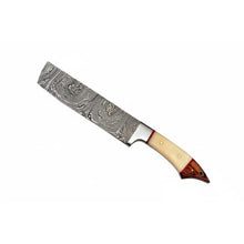 Load image into Gallery viewer, JW SteelCrafts 5 Piece Damascus Kitchen Knife Set with Bone and Wood Handles, Chef Nakiri Bread Carving and Slicing Knives, Handmade Damascus Steel with Leather Roll Kit