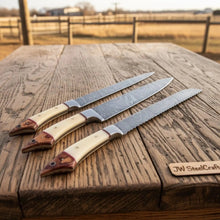 Load image into Gallery viewer, JW SteelCrafts 5 Piece Damascus Kitchen Knife Set with Bone and Wood Handles, Chef Nakiri Bread Carving and Slicing Knives, Handmade Damascus Steel with Leather Roll Kit