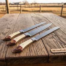 Load image into Gallery viewer, JW SteelCrafts 5 Piece Damascus Kitchen Knife Set with Bone and Wood Handles, Chef Nakiri Bread Carving and Slicing Knives, Handmade Damascus Steel with Leather Roll Kit
