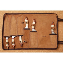 Load image into Gallery viewer, JW SteelCrafts 5 Piece Damascus Kitchen Knife Set with Bone and Wood Handles, Chef Nakiri Bread Carving and Slicing Knives, Handmade Damascus Steel with Leather Roll Kit