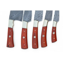 Load image into Gallery viewer, JW SteelCrafts 5 Piece Damascus Kitchen Knife Set with Leather Roll, Butcher Bread Chef Utility Paring Knife Set, Handmade Damascus Steel Collection
