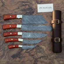 Load image into Gallery viewer, JW SteelCrafts 5 Piece Damascus Kitchen Knife Set with Leather Roll, Butcher Bread Chef Utility Paring Knife Set, Handmade Damascus Steel Collection