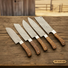 Load image into Gallery viewer, JW SteelCrafts 5 Piece Damascus Kitchen Knife Set with Rosewood Handles, Chef Utility Slicing Carving and Mini Cleaver Knife Collection, Handmade Damascus Steel
