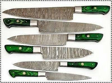 Load image into Gallery viewer, JW SteelCrafts 6 Piece Damascus Kitchen Knife Set Chef Santoku Bread Fillet Boning and Utility Knives Green Wood Handle Professional Cooking Knife Collection