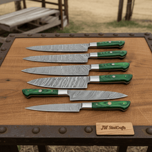 Load image into Gallery viewer, JW SteelCrafts 6 Piece Damascus Kitchen Knife Set Chef Santoku Bread Fillet Boning and Utility Knives Green Wood Handle Professional Cooking Knife Collection