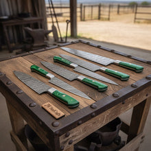 Load image into Gallery viewer, JW SteelCrafts 6 Piece Damascus Kitchen Knife Set Chef Santoku Bread Fillet Boning and Utility Knives Green Wood Handle Professional Cooking Knife Collection