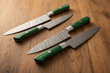Load image into Gallery viewer, JW SteelCrafts 6 Piece Damascus Kitchen Knife Set Chef Santoku Bread Fillet Boning and Utility Knives Green Wood Handle Professional Cooking Knife Collection