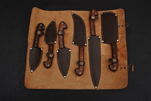 Load image into Gallery viewer, JW SteelCrafts 6-Piece Damascus Knife Set, Gyuto, Santoku, Nakiri, Boning, Utility and Paring Knives with Leather Roll