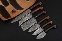 Load image into Gallery viewer, JW SteelCrafts 6-Piece Damascus Knife Set, Gyuto, Santoku, Nakiri, Boning, Utility and Paring Knives with Leather Roll