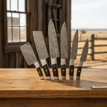 Load image into Gallery viewer, JW SteelCrafts 7 Piece Damascus Kitchen Knife Set Chef Santoku Nakiri Cleaver Utility and Paring Knives Dark Pakka Wood Handle Professional Cooking Knife Collection
