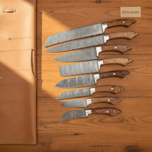 Load image into Gallery viewer, JW SteelCrafts 8 Piece Damascus Kitchen Knife Set with Rosewood Handles, Bread Chef Santoku Nakiri Carving Utility Boning and Paring Knives, Handmade Damascus Steel Collection