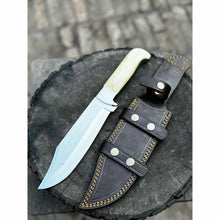 Load image into Gallery viewer, Frontier Bowie Knife, Hand Forged High Carbon Steel Clip Point Blade, Black Micarta Handle, Full Tang with Leather Sheath