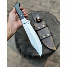 Load image into Gallery viewer, Frontier Bowie Knife, Hand Forged High Carbon Steel Clip Point Blade, Black Micarta Handle, Full Tang with Leather Sheath