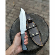 Load image into Gallery viewer, Frontier Bowie Knife, Hand Forged High Carbon Steel Clip Point Blade, Black Micarta Handle, Full Tang with Leather Sheath