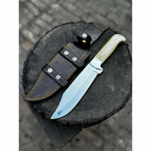 Load image into Gallery viewer, Frontier Bowie Knife, Hand Forged High Carbon Steel Clip Point Blade, Black Micarta Handle, Full Tang with Leather Sheath