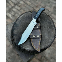 Load image into Gallery viewer, Frontier Bowie Knife, Hand Forged High Carbon Steel Clip Point Blade, Black Micarta Handle, Full Tang with Leather Sheath