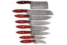 Load image into Gallery viewer, JW SteelCrafts Handmade Damascus Kitchen Knife Set of 8, Cleaver, Santoku, Gyuto Chef, Utility, Boning and Skinning Knives, Red Pakka Wood Handle, Full Tang
