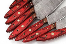 Load image into Gallery viewer, JW SteelCrafts Handmade Damascus Kitchen Knife Set of 8, Cleaver, Santoku, Gyuto Chef, Utility, Boning and Skinning Knives, Red Pakka Wood Handle, Full Tang