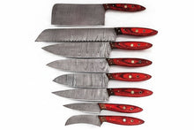 Load image into Gallery viewer, JW SteelCrafts Handmade Damascus Kitchen Knife Set of 8, Cleaver, Santoku, Gyuto Chef, Utility, Boning and Skinning Knives, Red Pakka Wood Handle, Full Tang
