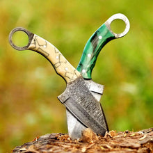 Load image into Gallery viewer, 2 Piece Damascus Steel Ring Handle Knife Set with Bone Pattern &amp; Green Resin Handles with Leather Sheath