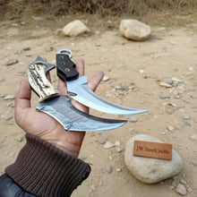 Load image into Gallery viewer, Damascus Steel Karambit Pair, Stag Horn &amp; Wood Handle, 9-inch Blade