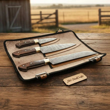 Load image into Gallery viewer, Handmade Damascus Steel 3-Piece Chef Knife Set with Pakka Wood Handles and Leather Roll by JW Steel