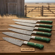 Load image into Gallery viewer, Custom Handmade Damascus Kitchen Knife Set, 6-Piece Bundle, Professional Chef and Utility Knives,
